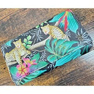 Anuschka Hand Painted Leather Trifold Wallet Black Tropical Leopard Floral RFID